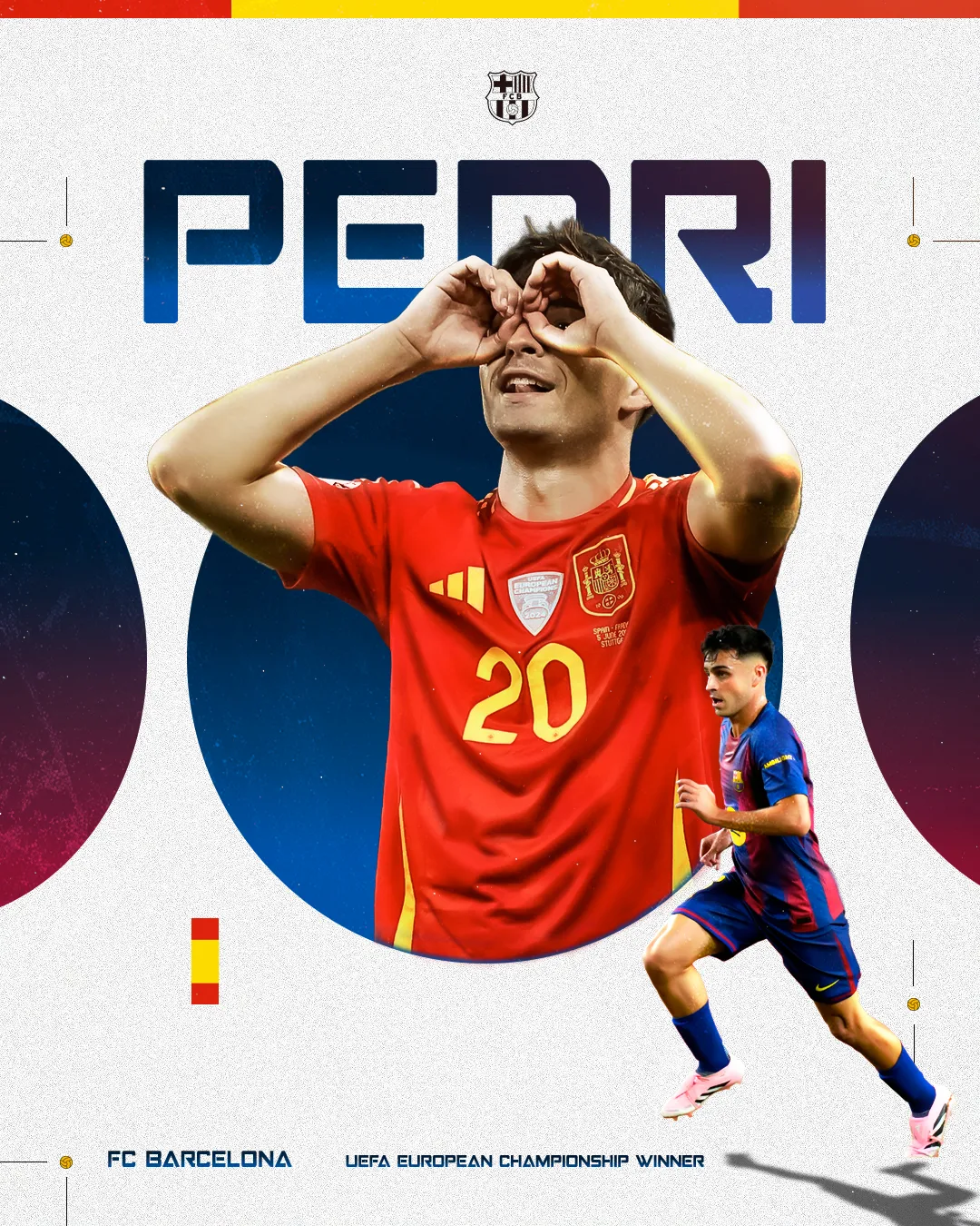 Player spotlight poster for Pedri. He celebrates in the red Spain shirt inside a navy circle on an off-white background, his name set in tall condensed capitals behind him, with a second cutout in the FC Barcelona kit to the right.